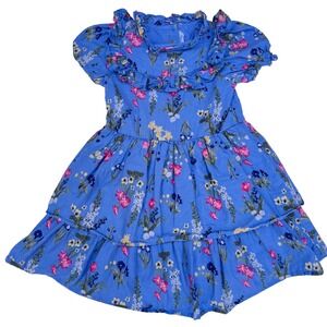 Girls Sz 4 Janie & Jack Blue Wild‎ Flower Ruffle Dress Puff Sleeve Tiered Skirt